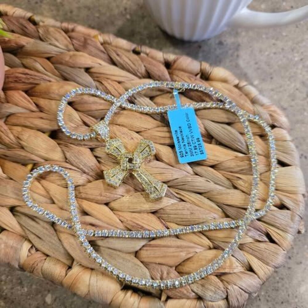 925 Silver Moissanite Tennis Necklace with Cross Pendant